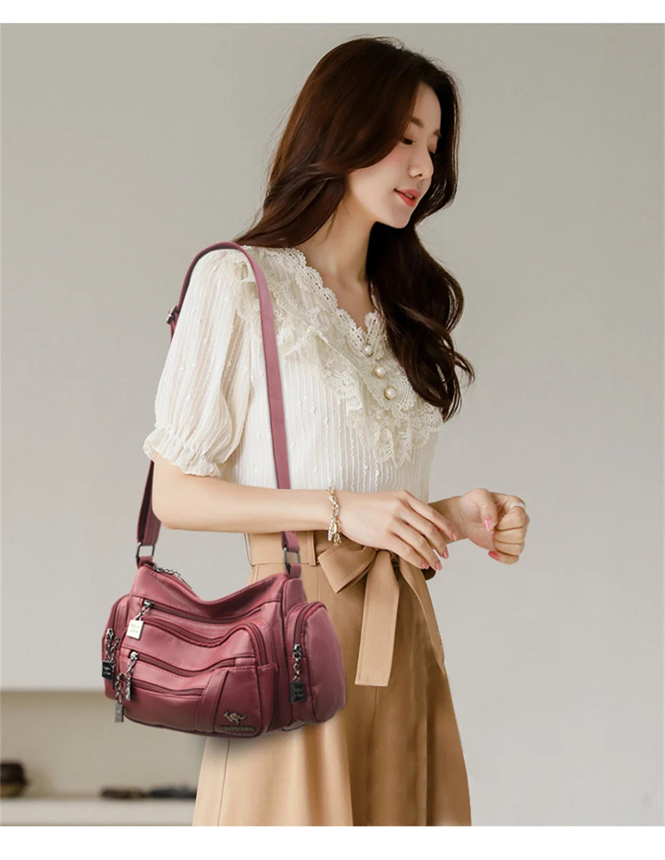 Many Pockets Women Leather Top-handle Bag Luxury Designer Female Shoulder Messenger Shopper Bags Brand Ladies Crossbody Handbags