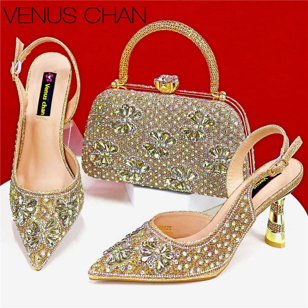 Luxury Handmade Flowers Shoes and Clutch for Women- Nigerian Style Elegant Crystal Heels with Matching Evening Bags