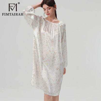 FIMTAIRAH 6A 19MM Silk Nightgown, long pajamas, long-sleeved silk high-end round-neck home wear Dress Night