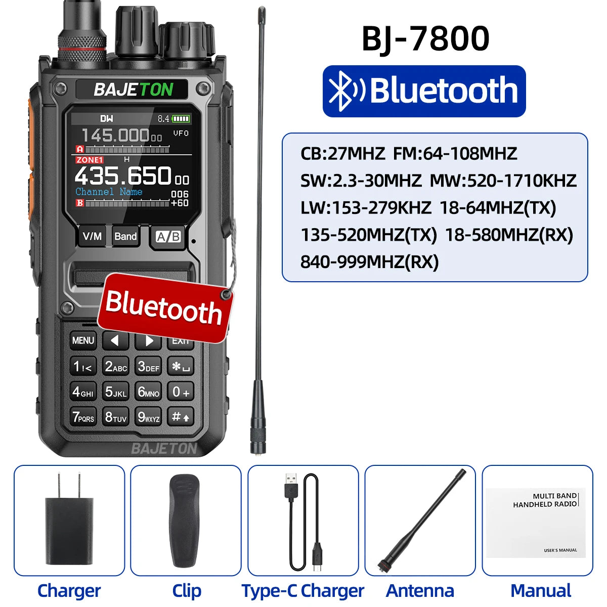 BAJETON BJ-7800 Walkie Talkie Long Range SW MW LW AM SSB CB 10W Receive Wireless Bluetooth Phone Programming Ham Radio RT-920