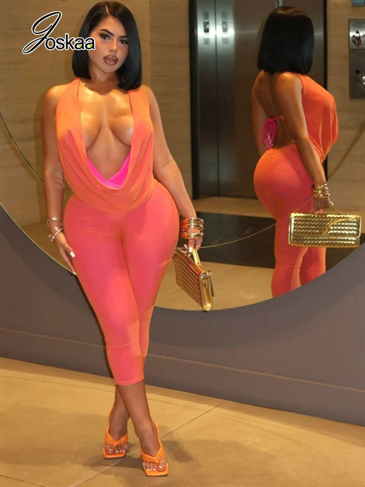 Joskaa Sexy Patchwork 2 Piece Set Women Cowl Neck Halter Backless Tie-Up Crop Top+High Waist Capri Pants Matching Party Clubwear