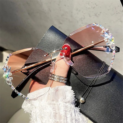 Vintage Cutting Lens UV400 Women Sun Glasses Gradient Rimless Sunglasses Rhinestone Sunglasses