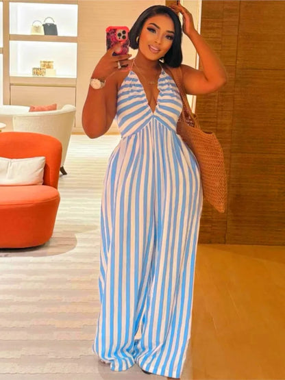 Sexy Jumpsuit Solid Color Casual Striped Halterneck Deep V-neck Wide-leg Jumpsuits Casual Holiday Party Daily Rompers Women's