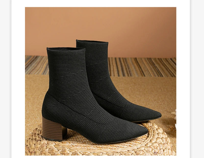 Black Square Toe Knit Sock Boots Elastic Slim Thick Block Heel High Heels Short Boots Fashion Autumn Casual Skinny Ankle Boots