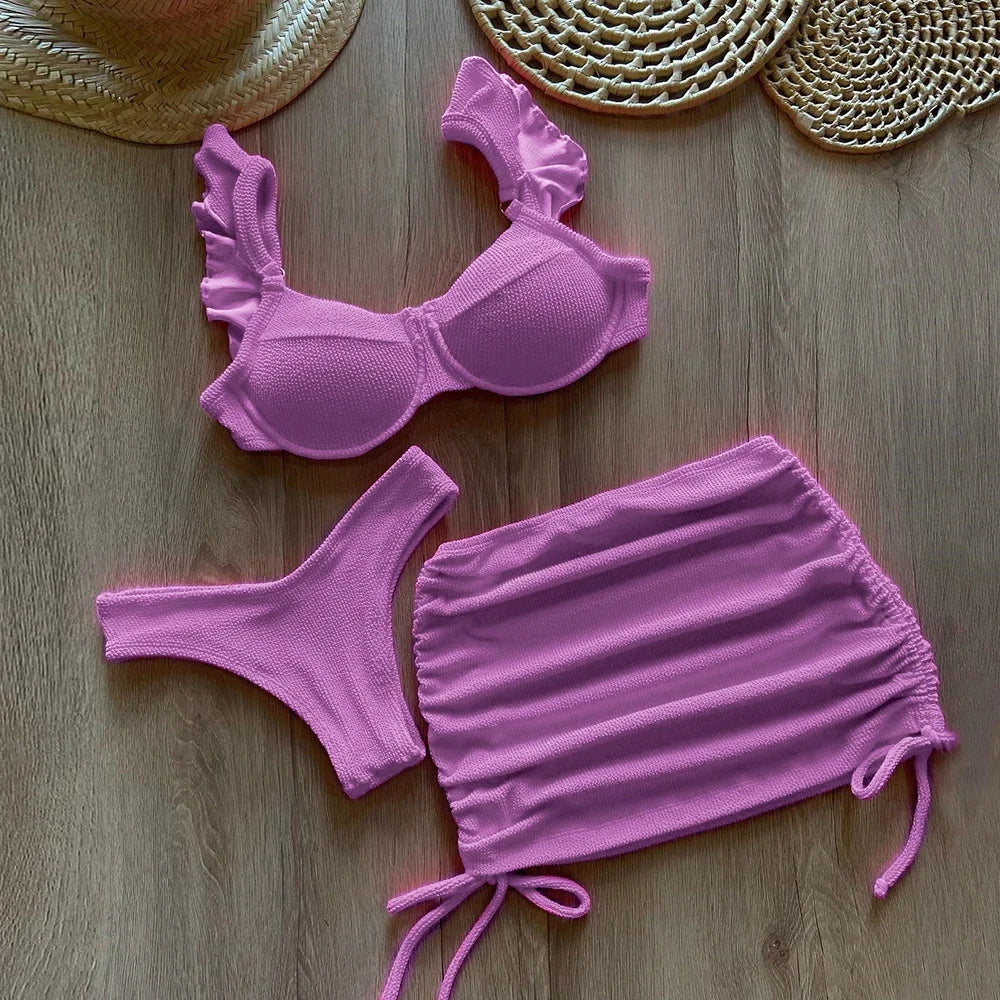 Solid Wavy Fabric Low Waist Bikini Set Cover Up Swimsuit For Women Push Up Ruffle Three Pieces Swimwear 2026 Beach Bathing Suits