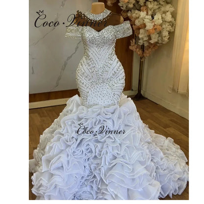 Customized Organza Ruffle Train Africa Mermaid Wedding Dress 2026 Off The Shoulder Sparkle Crystal Beaded Wedding Dresses W1499
