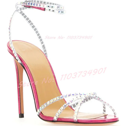 Shiny Leather Crystals Stiletto Sandals Women Ankle Strap Round Toe High Heels Shoes Ladies Luxury Elegant Sexy Party Sandals