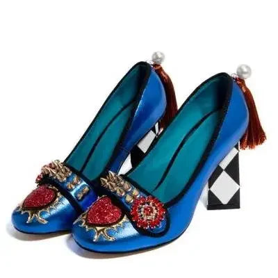 royal red heart crystal rivets Studs Pumps back pearl with tassel rhombus Square Heel Women Slip On mary jane Shoes