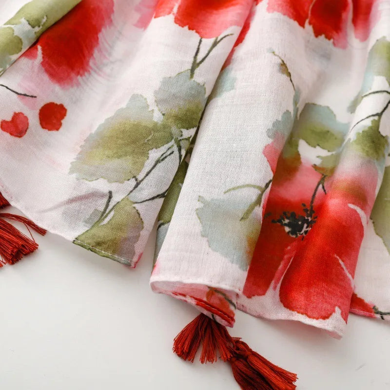 Spain Fashion Petal Floral Tassel Viscose Shawl Scarf Lady High Quality Print Soft Pashmina Stole Bufandas Muslim Hijab 180*90Cm