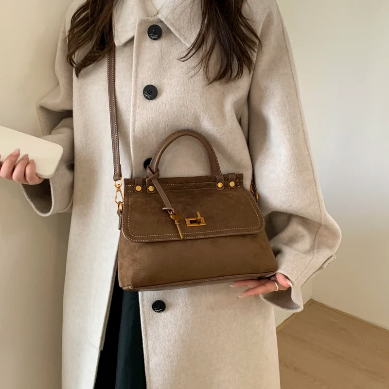 High Quality Retro Top-handle Bags For Women 2025 Winter New Designer Handbags Luxury Flap Shape PU Suede Shoulder Crossbody Bag