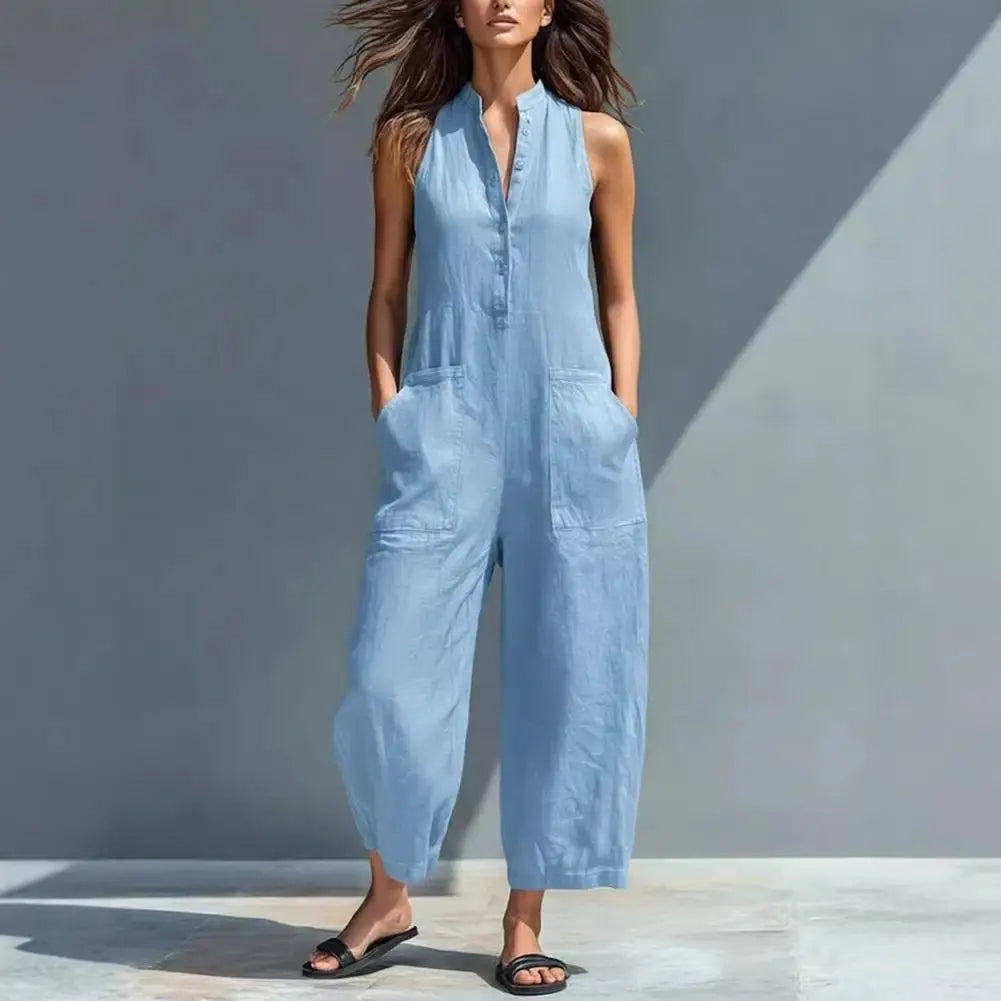 Women's Summer Sleeveless Jumpsuit Button Up Stand Collar Loose One Piece Overalls Wide Leg Long Pants Rompers with Pockets