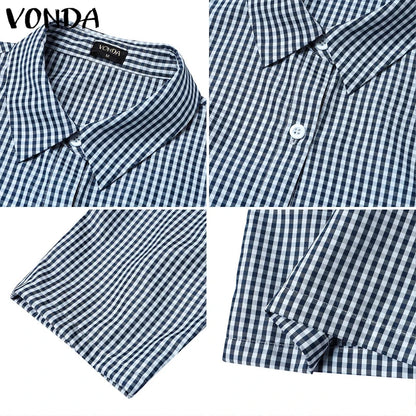 Plus Size 5XL VONDA Vintage Jumpsuits Women Elegant Plaid Long Overalls Fashion 3/4 Sleeve Casual Playsuits Streetwear Pants