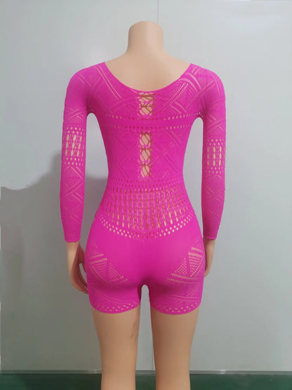 HBLL Sexy Sheer Mesh Playsuit Women Rompers Long Sleeve Hollow Out Skinny Night Club Outfit One Pieces Jumpsuit Shorts Bodysuit