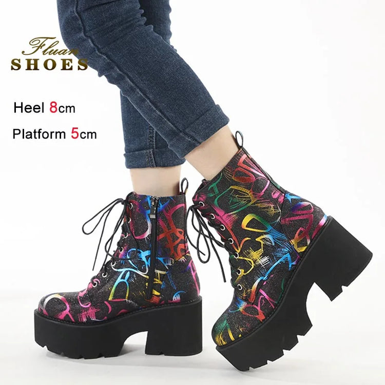 Autumn Winter New Women Ankle Boots Fashion Color Stripes Round Toe Plush Short Boots Zipper Coarse Heel Casual Platform Shoes