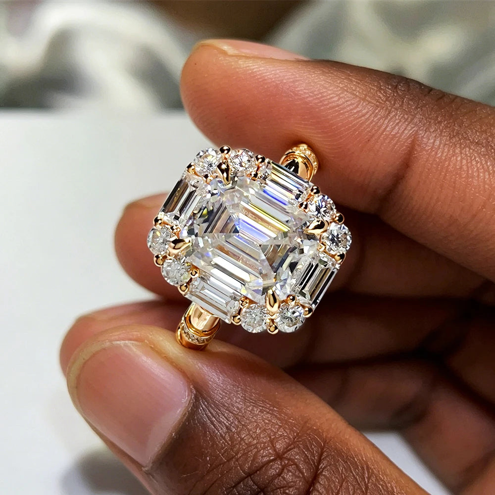 BXINY Luxury 9cttw Emerald Cut Full Moissanite Ring Pure S925 Silver for Women GRA Certified Diamonds Wedding Band Gifts Jewelry