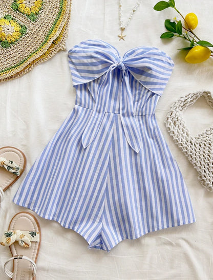 Women's Spring/Summer Cruise Vacation Blue Striped Front Waiver Loose Jumpsuit, Suitable for Party, Date, Afternoon Tea