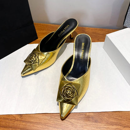 Women High Heels Slippers Summer New Luxury Fashion Gold Flower Decoration Modren Sandals Ladies Pointed Toe Mules Shoes Slides
