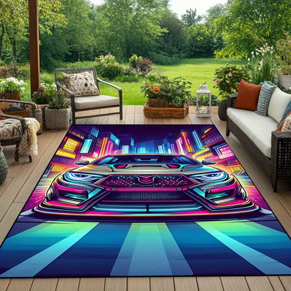 Flannel Printed Neon Car Rug Futuristic City Design Soft Fleece Outdoor Mat Garden Patio Carpet Sci Fi Decor Rugs