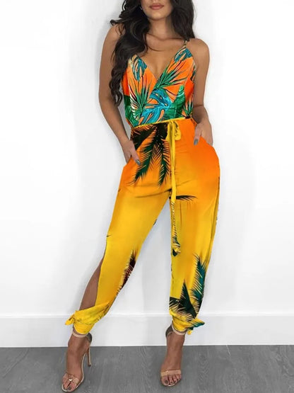 Fashion Peacock Feather Print Sleeveless Women's Slim Jumpsuit Slit Sexy Backless Drawstring Pocket Halter V Neck Female Rompers
