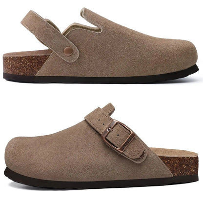 Litfun New Fashion Women's Clogs with Adjustable Strap Cork Footbed Leather Mules with Arch Support Unisex Outdoor Potato Shoes