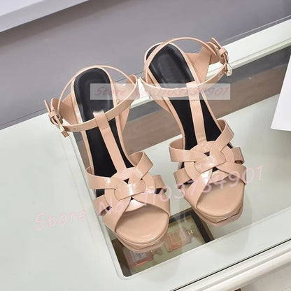 Platform Shiny Leather Cage Sandals Women Open Toe Ankle Strap High Heels Sandals Lady Stone Pattern Sexy Elegant Luxury Shoes