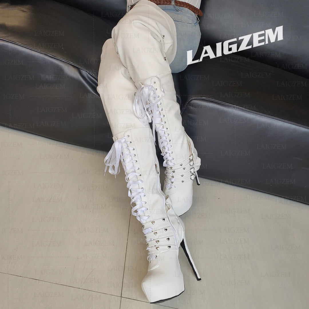 LAIGZEM Women Over Knee Boots Zipper Platform Thin High Heels Boots Buckle Straps Handmade Shoes Woman Big Size 38 41 43 47 52