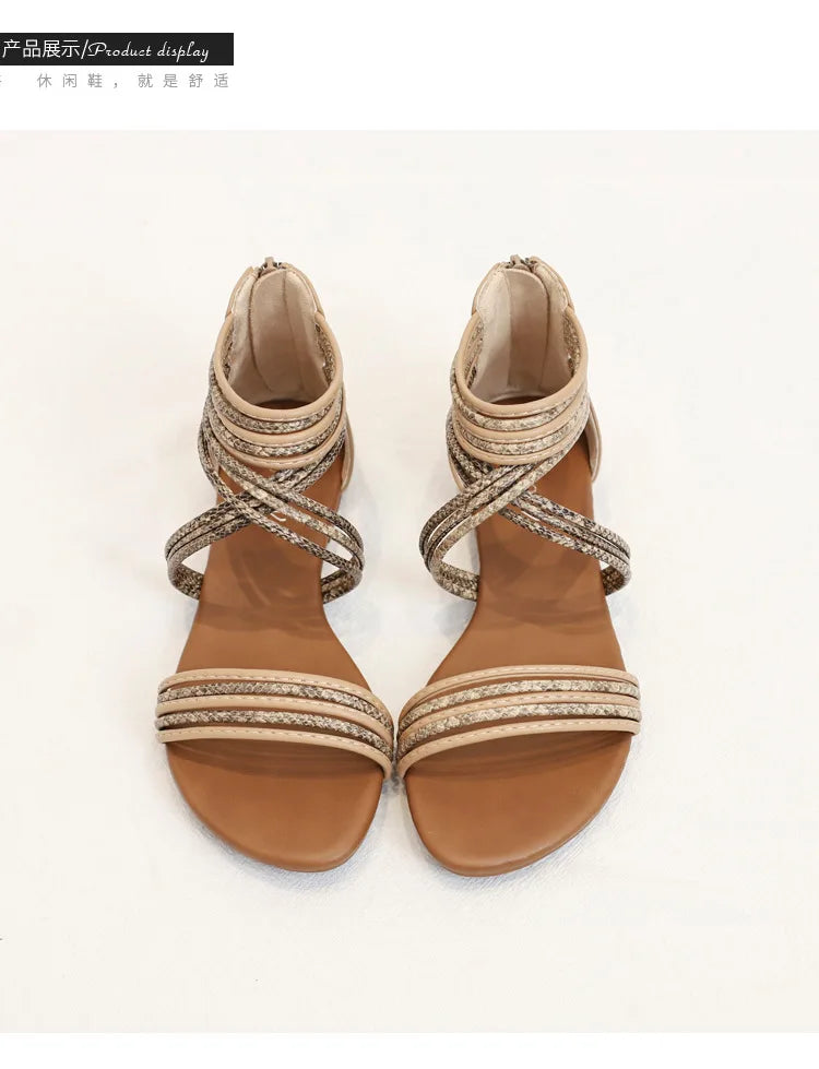High quality leather flat sandals for women stripe zipper new summer 2026 36 42 open toe casual beach shoe black khaki brown