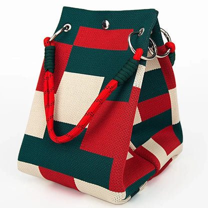 Women's Color Block Knit Tote Bag Bucket Bag Storage Bag with Adjustable Straps & Metal Rings Snap Closure for Casual Travel