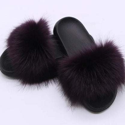 Women's  Faux Fox Fur Slides Fluffy Open Toe Slippers Indoor Outdoor Casual Flat Sandals Luxury Furry Slide Shoes for Ladies
