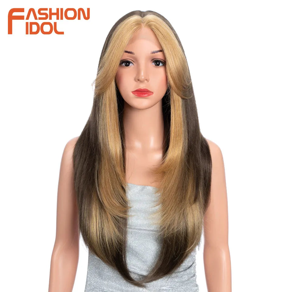 FASHION IDOL 26inch/65cm Straight Hair Lace Front Wigs Synthetic Hair Ombre Blonde Brown Hair Wigs Cosplay Heat Resistant Fiber