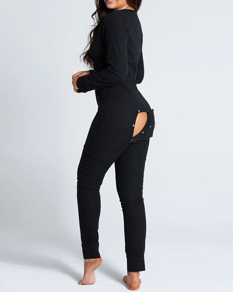 New Women Pajamas Sexy V-neck Jumpsuit Plaid Casual Long Sleeve Pyjama Button-down Front Functional Buttoned Flap Sleepwear