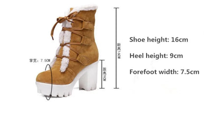 Winter Warm Girls Boots Fashion Lace Up Platform High Heels Women Ankle Boots Cosplay Casaul Party Fur Warm Women Boots Shoes 43