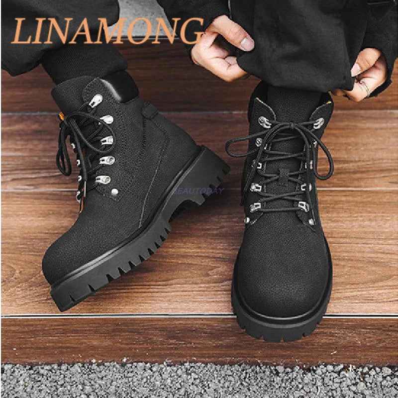 Yellow Workwear Boots Fashionable Front Strap Design Patchwork Thick Sole Buckle Decoration Anti Slip Couple's Short Boots