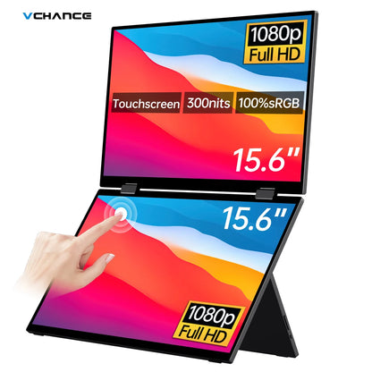 15.6" Folding Portable Monitor Dual Touch Screen 1080p 300nits VESA 75mm Freely Adjust Display Extender for Laptop PC With Bag