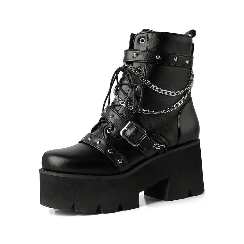 Women's Black Platform Ankle Boots | Punk Chain Accent, Dark Fashion Essential Footwear