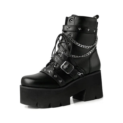Women's Black Platform Ankle Boots | Punk Chain Accent, Dark Fashion Essential Footwear