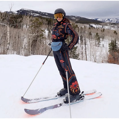 Floral Print One Piece Ski Suit Fashion Hooded Waterproof Thermal Snowboard Jumpsuit 2026 Winter Outdoor Windproof Snow Outfit