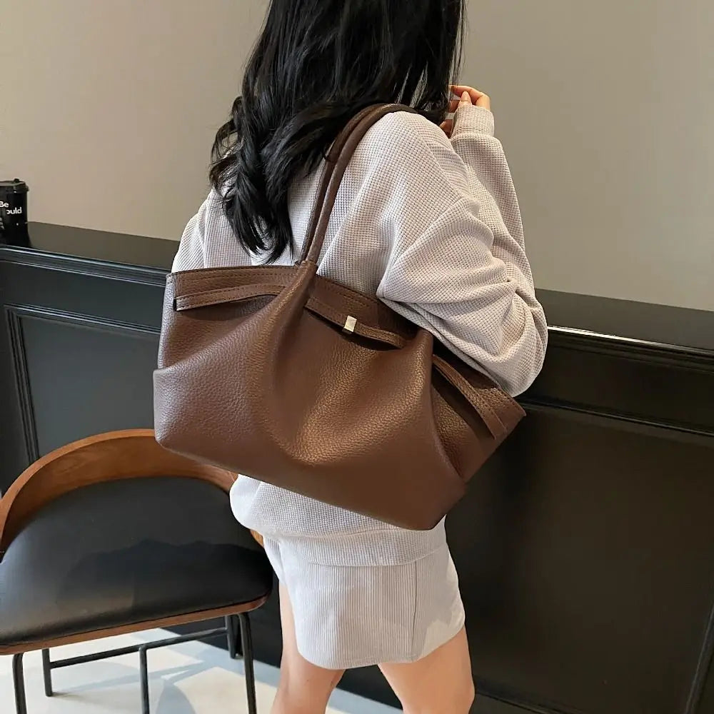 Luxury Lychee Pattern Underarm Shoulder Bags Solid Color PU Leather Women's Handbags Large Capacity Tote Bag Travel