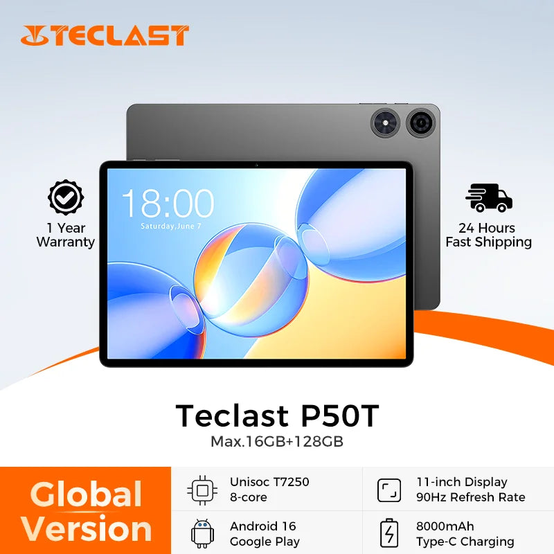 Teclast P50T Android 16 Tablets PC 90Hz 11 inch TDDI UNISOC T7250 Octa Core 3GB RAM+13GB Expansion 128GB ROM 8000mAh GPS Tablet