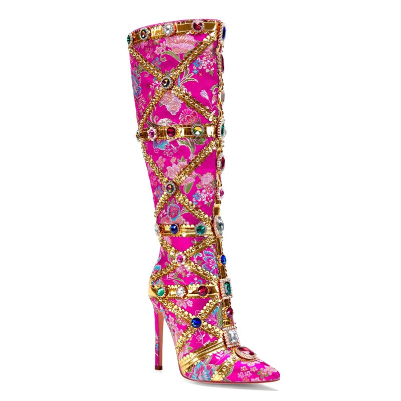 Multicolor Gemstone Gold Trim Stitched Stiletto Thigh Boots 2026 Pointed Toe Knee High Boots Fashion Shoes for Party Wedding