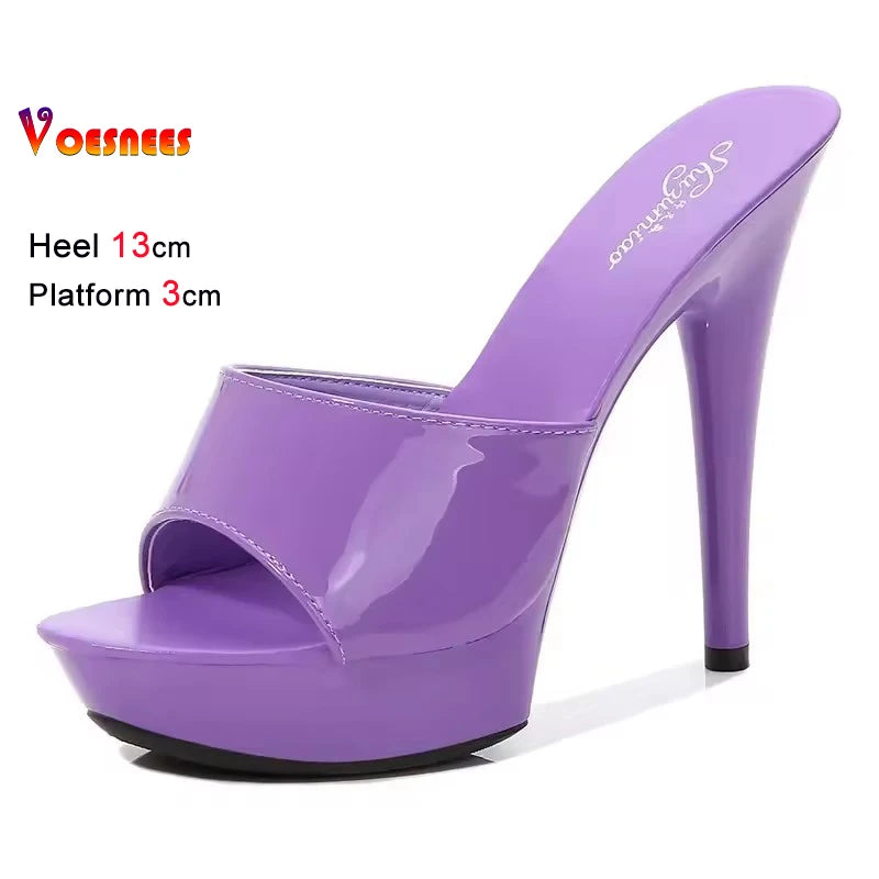 13CM Womens Slippers Mule Patent Leather Sandals Sexy Slides Party Shoes Woman Luxury Red Sandals Summer Platform Bottom Pumps