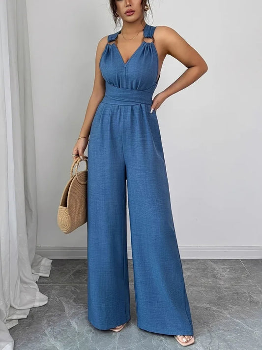 2026 New Women Wide Leg Jumpsuit Women's Jumpsuits And Rompers Halter V Neck High Waist Backless Casual Vacation Outfits