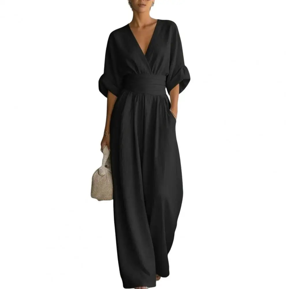 Women's One Piece Jumpsuits Casual V-Neck Short Sleeve Wide Leg Rompers Summer High Waist Beach Vacation Outfits with Pockets