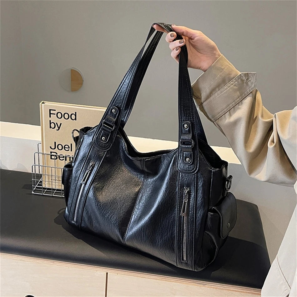 New Large Capacity Soft Leather Women's Handbag Fashion Trend Designer Women Shoulder Bag Simple Retro Female Travel Bags Sac