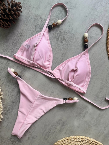 Sexy Brown Bikini Set 2026 Women Pearls Strap Hole Out Push Up Bra Thong Swimsuit Brazilian Beach Bathing Suit Micro Swimwear