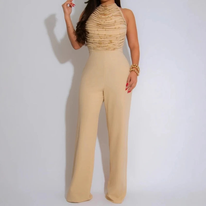 Sexy Women's Beaded Halter Jumpsuits Overalls Summer 2025 Backless Fitted Wide Legs Rompers One Piece Outfits Clubwear Party