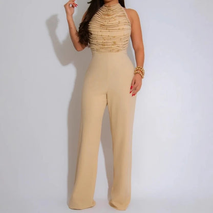 Sexy Women's Beaded Halter Jumpsuits Overalls Summer 2025 Backless Fitted Wide Legs Rompers One Piece Outfits Clubwear Party