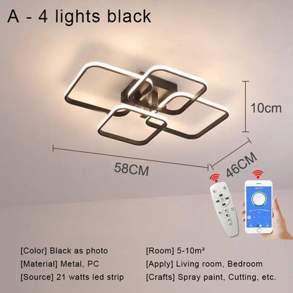 Modern Square LED Ceiling Chandelier with Remote Control Dimmable Light Fixture for Living Room Bedroom Dining Home Decor Lamp