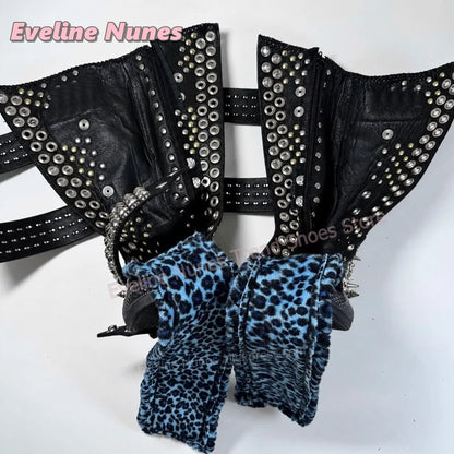Blue Leopard Print Platform Knee High Boots Metal Spikes and Studs Decor Multi Strap Design Punk Goth Canvas Shoes 2026 Trend