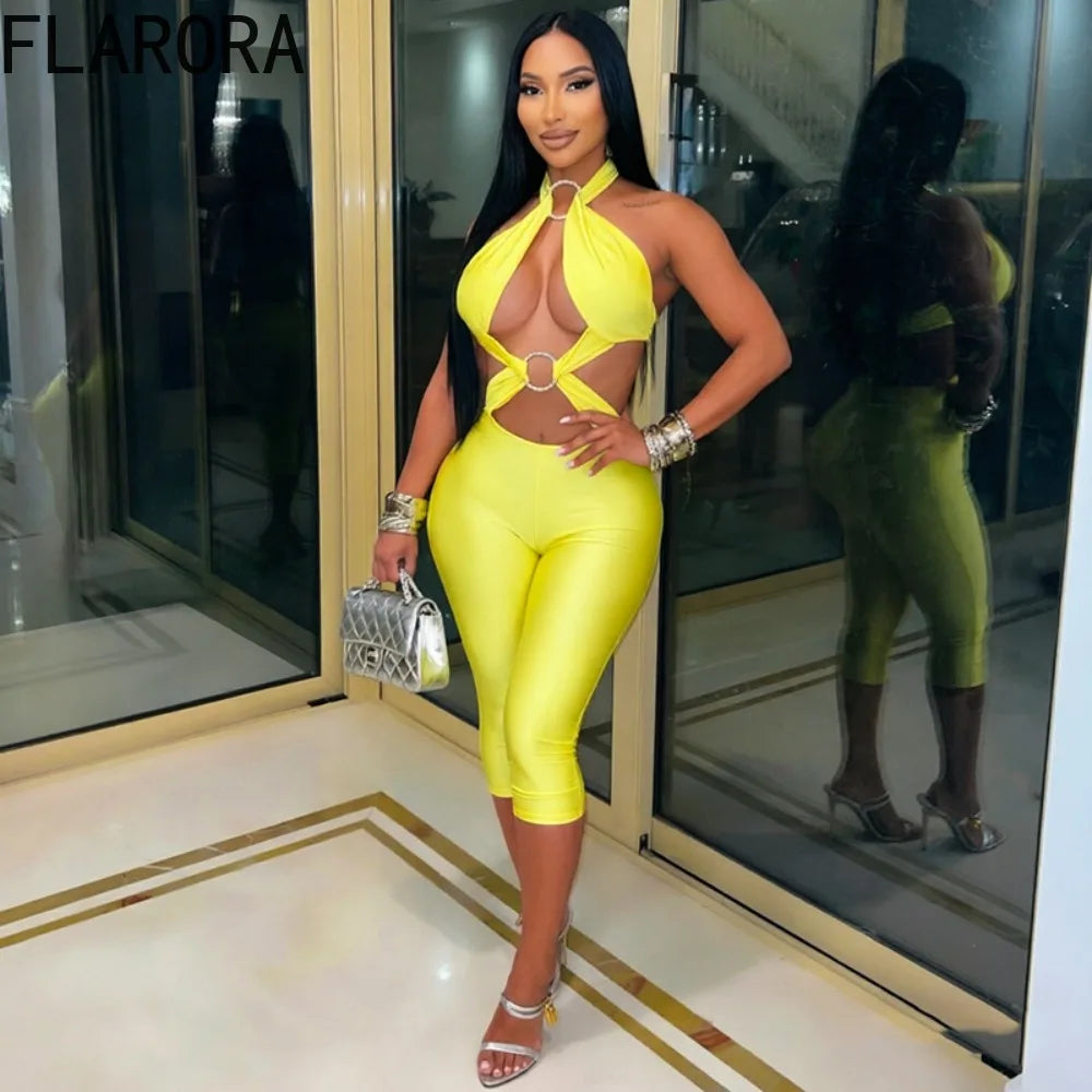 FLARORA Sexy Hollow Out Jumpuits Woman Metal Ring Decoration Halter Sleeveless Backless Skinny Rompers Midnight Party Clubwear